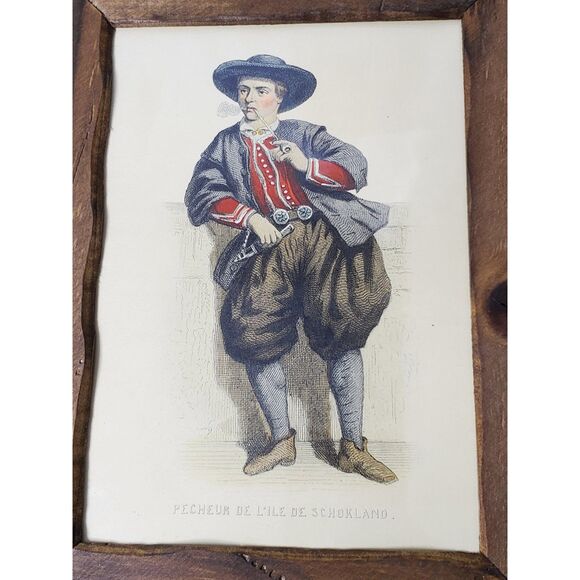 Antique Print 1823-1860 "Pecheur de lile de Schokland" in a Worm Hole Frame - Picture 2 of 10